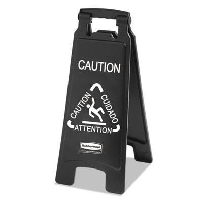 MULTI-LINGUAL 2 SIDED CAUTION SIGN, BLACK/WHITE